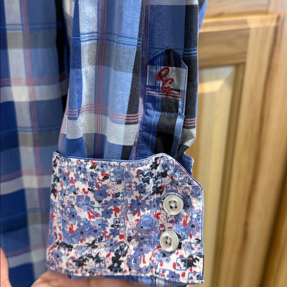 Robert Graham Blue White Plaid Button Down Cuff and Collar Accents Shirt 2 XLT